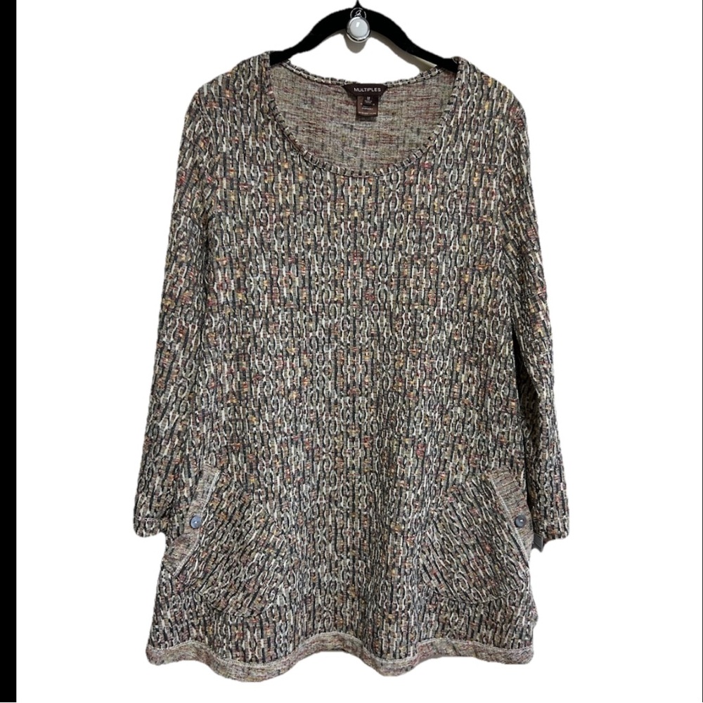 Multiples Tunic Top Size Medium  Brown Print Pockets Trapeze Artsy Lagenlook NEW